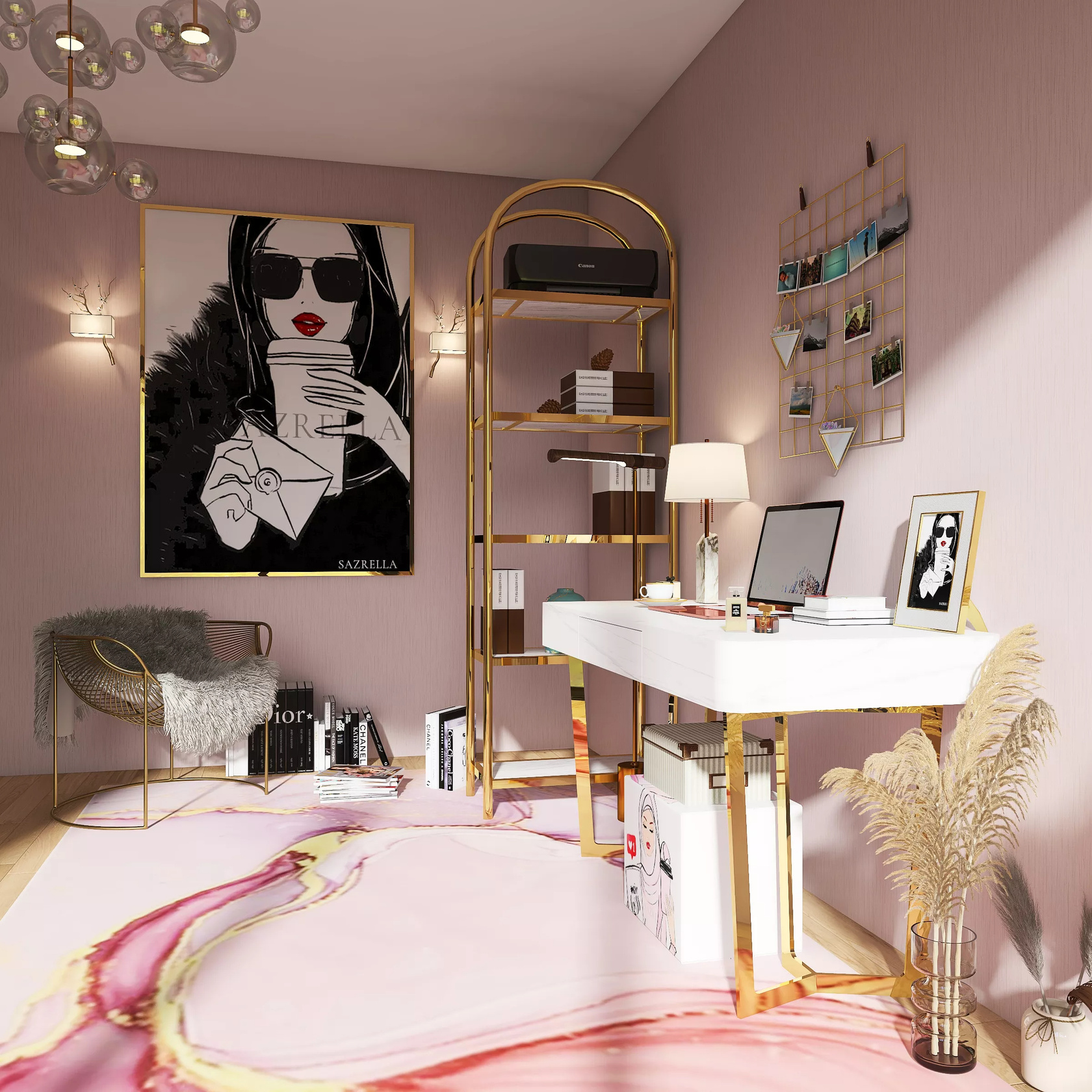White Table and Golden Steel Shelves